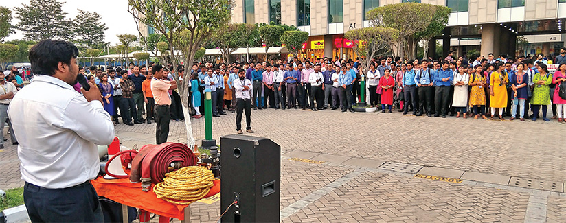 Fire safety demonstration in Assembly area - Candor TechSpace